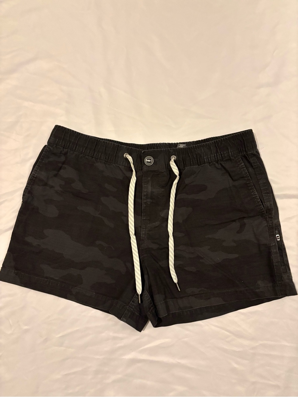 Women’s Vuori Black Camo Hybrid Shorts with White Drawstring